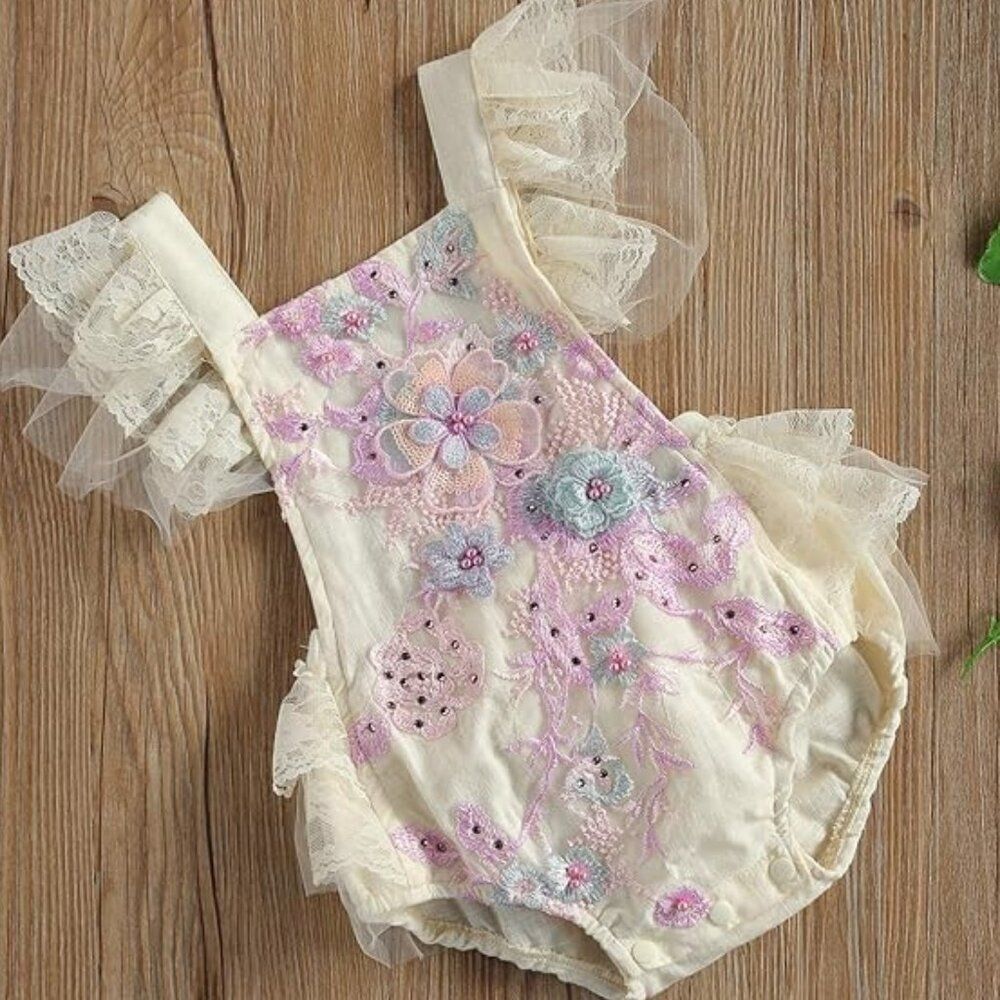 Newborn Infant Baby Girl 3D Flower Crochet Lace Romper Bodysuit Ruffle 12-18 Mon